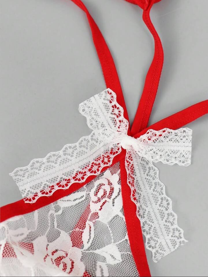 Men's Fashionable Spaghetti Strap White Bow Tie Lace Rose Trim Men's Briefs